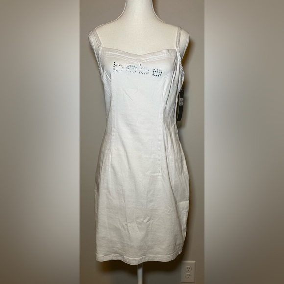 NWT bebe White Rhinestone Logo Bodycon Mini Dress Y2K Glam Stretch club sexy M - Picture 3 of 11